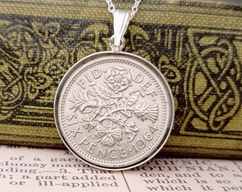 UK vintage coin necklace with a Queen Elizabeth II Sixpence, 60th birthday jewellery gift for women