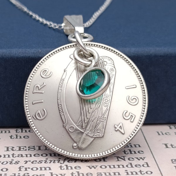 1954 Irish Shilling coin necklace for a 70th birthday, 1954 Irish Necklace and Birthstone