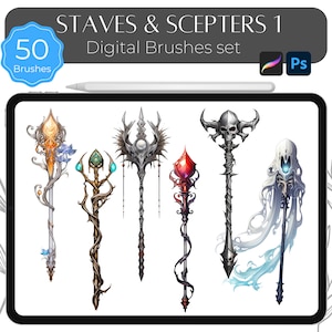 Puede incluir: Un conjunto de pinceles digitales para diseñadores gráficos que incluye 50 estilos diferentes de bastones y cetros. Los pinceles están diseñados para su uso en Adobe Photoshop. La imagen muestra una variedad de estilos, que incluyen estilos ornamentados, simples y caprichosos.