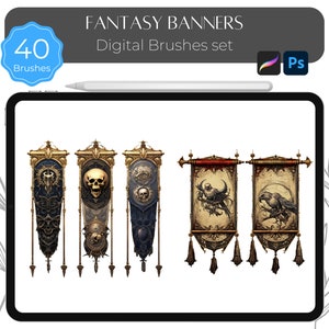 May include: Set of 40 digital brushes featuring fantasy banners with intricate details. The banners are adorned with skulls, birds, and ornate designs in gold, black, and red.