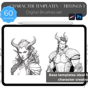 May include: A digital illustration of two tieflings, one male and one female, with horns and pointed ears. The image is in black and white and is labelled "CHARACTER TEMPLATES - TIEFLINGS 1" and "Digital Brushes set". The text "Base templates ideal for RPG character creation" is at the bottom of the image.