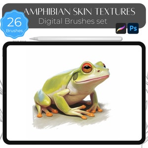May include: A set of 26 digital brushes for creating realistic amphibian skin textures. The image shows a green tree frog with orange feet and red eyes. The brushes are compatible with Photoshop and Procreate.