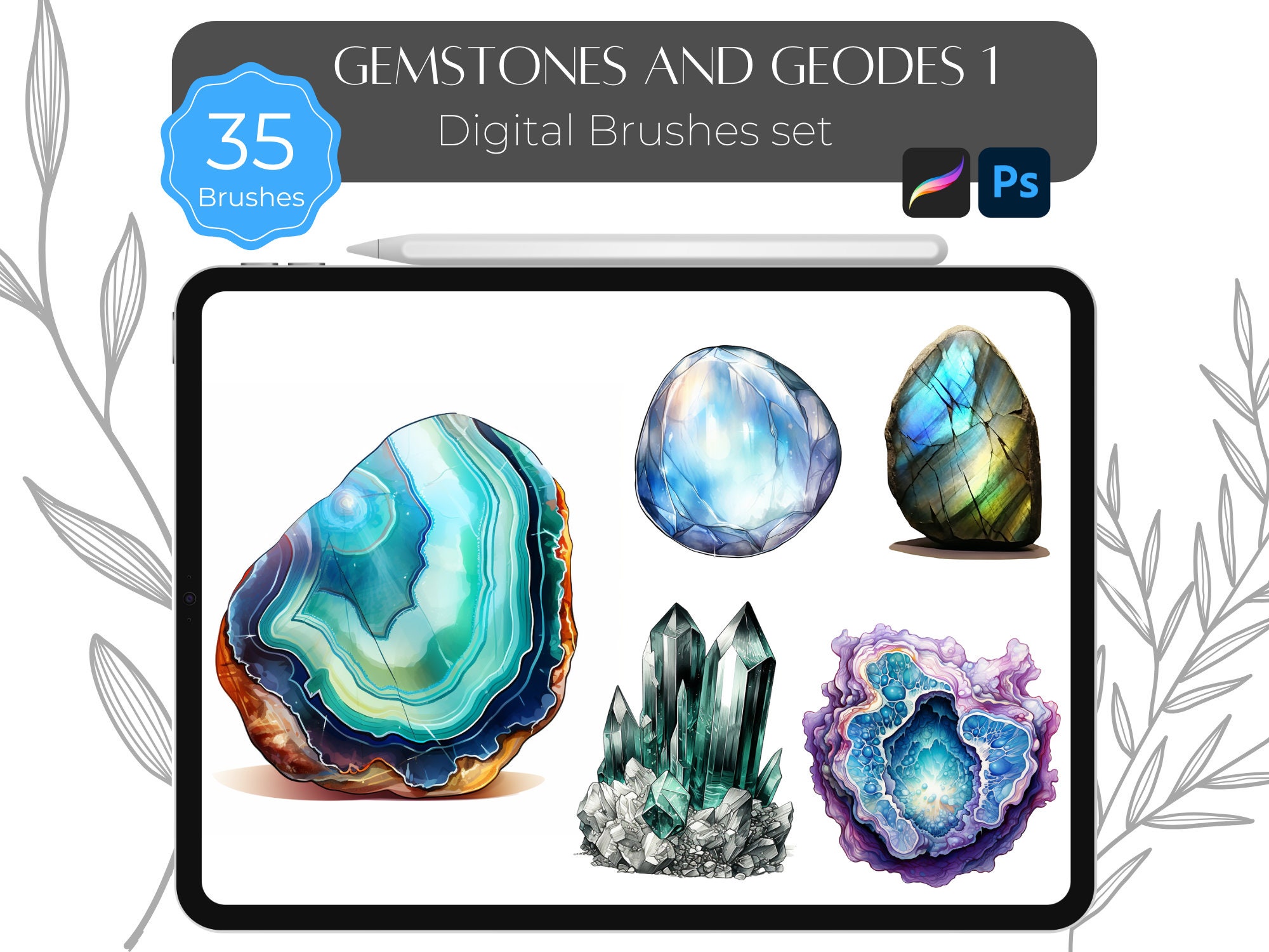 Gemstones & Geodes Vol. 1 – 35 pinceles digitales para Procreate y Photoshop