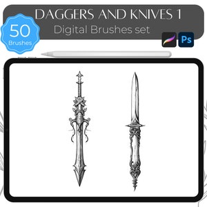May include: A digital brush set for Adobe Photoshop featuring 50 black and white illustrations of daggers and knives. The set includes a large sword with a detailed hilt and a smaller dagger with a decorative handle.