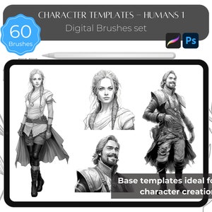 Könnte beinhalten: Ein digitales Pinselset zum Erstellen von menschlichen Charakteren. Das Set enthält 60 Pinsel und ist mit Photoshop kompatibel. Das Bild zeigt vier Beispiele für Charaktervorlagen, darunter eine Frau mit langen Haaren und einem fließenden Rock, eine Frau mit langen Haaren und einem einfachen Oberteil, ein Mann mit Bart und einem langen Mantel und ein Mann mit Bart und einem einfachen Hemd. Der Text auf dem Bild lautet "CHARAKTERVORLAGEN - MENSCHEN 1" und "Digitales Pinselset".