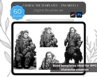 May include: A digital art brush set for creating dwarf characters. The set includes 60 brushes and is compatible with Photoshop. The image shows four different dwarf character templates, including a female dwarf with long hair, a male dwarf with a beard, and two other dwarf characters.