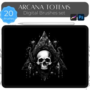 May include: A digital illustration of a skull with a geometric design and a dark background. The image is displayed on a tablet screen. The text "ARCANA TOTEMS Digital Brushes set" is displayed above the image. The text "20 Brushes" is displayed in a blue circle to the left of the image.