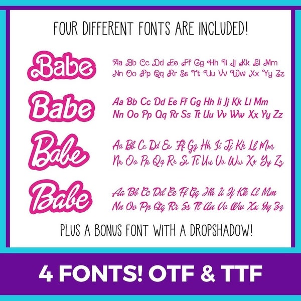 4 Retro-Babe-Schriftarten OTF und TTF – Babe-Schriftart SVG, Dolly-Schriftart Png, SVG-Bundle, Canva- und Cricut-Software-kompatibel sowie Bonus-Schriftart enthalten
