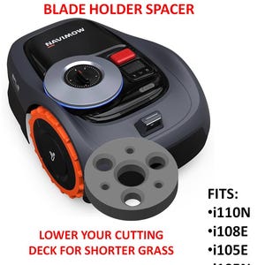 Puede incluir: Un cortacésped robótico Segway Navimow i Series gris y negro con una rueda naranja y un espaciador de soporte de cuchilla gris. El texto de la imagen dice "Baje su plataforma de corte para hierba más corta" y "¡Hecho en Michigan!"