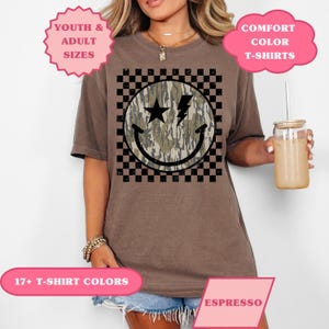 Comfort Color Camo Checkered Smile Face Shirt, Camouflage Checkered Happy Face Shirt, Preppy Western Summer Shirt, Neon Camo Hunting Shirt