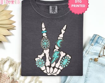 Turquoise Skeleton Hand Comfort Color Tshirt, Preppy Western Shirt