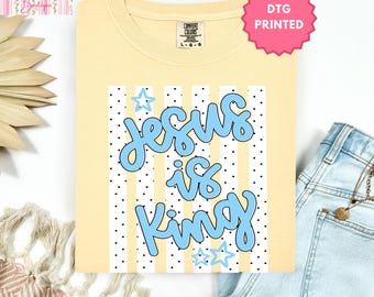 Polka Dot Striped Jesus is King Comfort Color Tshirt, Preppy Religious Shirt