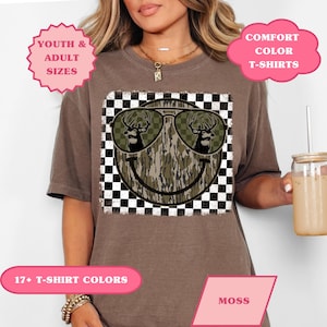 Camo Checkered Smile Face Comfort Color Shirt, Camouflage Checkered Happy Face Shirt, Preppy Western Summer Shirt, Camo Hunting Deer Shirt