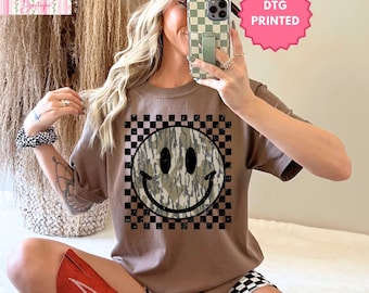 Camo Checkered Smile Face Comfort Color Tshirt, Preppy Western Shirt