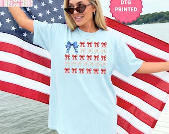 Grandmillennial USA Bow Flag Comfort Color Tshirt, Preppy Fourth of July Shirt