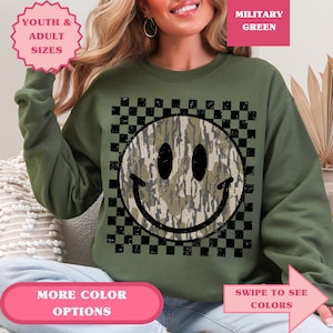 Camo Checkered Smile Face Sweatshirt, Camo Sweatshirt, Camo Smile Face, Camo Checkered Happy Face Sweatshirt, Camo Sweatshirt, Happy Face