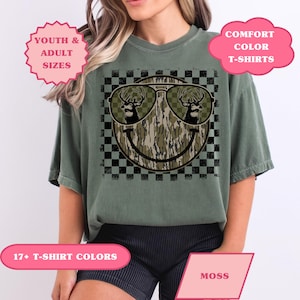 Camo Checkered Smile Face Comfort Color Shirt, Camouflage Checkered Happy Face Shirt, Preppy Western Summer Shirt, Camo Hunting Deer Shirt