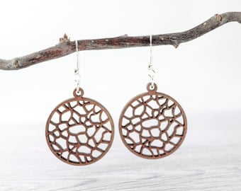 Pendientes abstractos de madera ligeros, pendientes redondos grandes y elegantes, pendientes colgantes de madera, joyería natural, pendientes abstractos de madera estilo boho hipoalergénicos