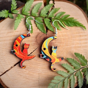 Cat earrings colorful, cat on the moon dangle earrings, wooden earrings cat, wooden earrings cat cute, cat lover earrings
