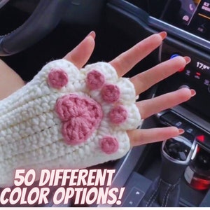 Kawaii Crochet Cat Fingerless Gloves, Girl Pink Purple Cat Gloves, Winter Hand Warm Gloves, Crochet Mitts, Cat Paw Gloves