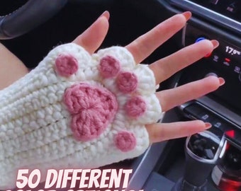 Guantes sin dedos de gato de ganchillo Kawaii, guantes de gato púrpura rosa niña, guantes calientes de manos de invierno, guantes de ganchillo, guantes de pata de gato