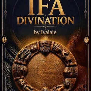 Puede incluir: Una portada de libro de tonos oscuros titulada IFA DIVINATION by Iyalaje. El centro presenta un relieve circular de tono bronce con múltiples rostros y figuras humanas dispuestas en un anillo alrededor de una placa circular dorada y texturizada.