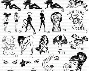 May include: A collection of nineteen black and white graphic illustrations featuring various female figures, facial features, and silhouettes. The designs include pin-up styles, a devil, a cowgirl club logo, and detailed eyes, numbered from 01 to 19.