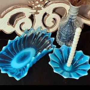 Fostoria Opalescent Heirloom Blue Curled Glass Dish and Candlestick Holder