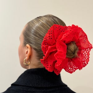 Oversized Embroderie Double Layer Scrunchie in Red