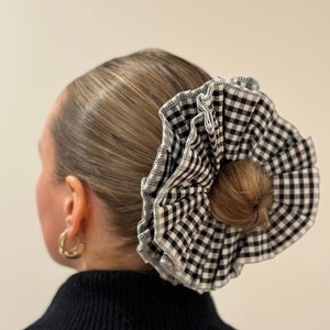 Oversized Gingham Double Layer Statement Cotton Scrunchie in Black + White.