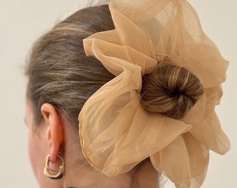 Organza Oversized Statement Hair Accessory Scrunchie in Taupe