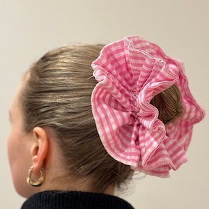 Oversized Gingham Double Layer Statement Cotton Scrunchie in Pink + White.