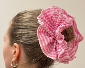 Oversized Gingham Double Layer Statement Cotton Scrunchie in Pink + White.