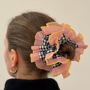 Oversized Cotton Double Layer Pink + Yellow Gingham Scrunchie