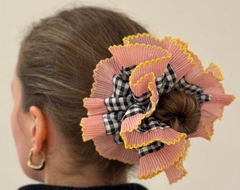 Oversized Cotton Double Layer Pink + Yellow Gingham Scrunchie