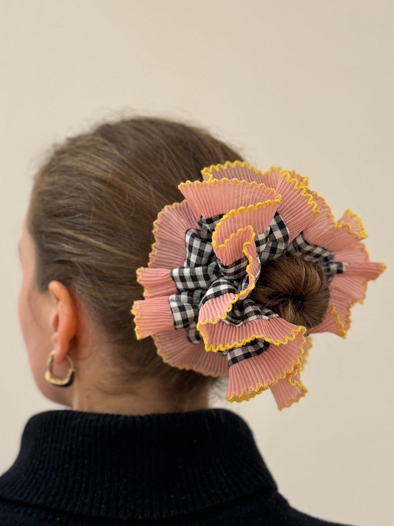 Oversized Cotton Double Layer Pink Yellow Gingham Scrunchie image 1