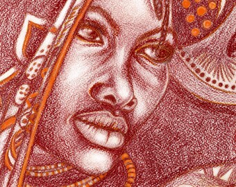 Puede incluir: Primer plano de la cara de una mujer con intrincados patrones rojos y naranjas que la rodean. La mujer tiene ojos oscuros y un labio rojo carnoso. Los patrones recuerdan al arte tradicional africano.