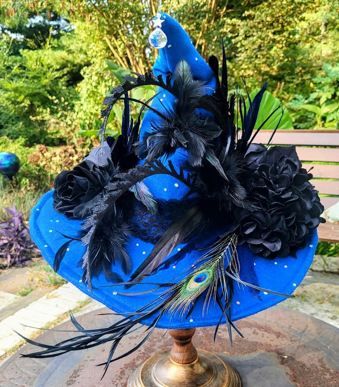 Custom Handmade Black Witch Hat with Blue Floral & Feather Trim Custom Witch Hat - Made to Order - Choose Your Color and  main image 2