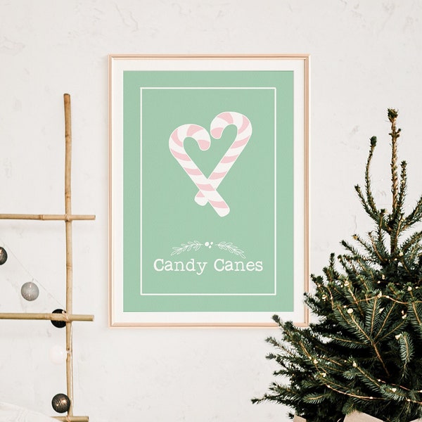 Mint Christmas Wall Art, Minimalist Xmas Poster, Modern Holiday Decor, Baby Pink Candy Canes Print, Pink Holiday Prints, Dreamy Winter