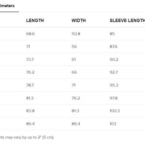May include: Size chart showing measurements in inches and centimeters for a garment. The chart includes size label, length, width, and sleeve length.