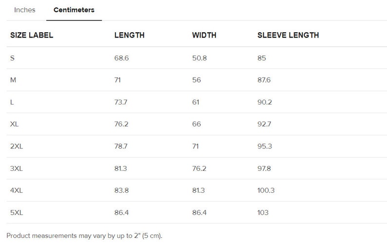 May include: Size chart showing measurements in inches and centimeters for a garment. The chart includes size label, length, width, and sleeve length.