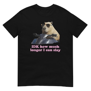 May include: A black t-shirt featuring a graphic of a capybara wearing sunglasses and driving a jet ski. The text "IDK how much longer I can slay" is printed in pink below the image.