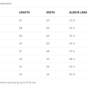 May include: Size chart showing measurements in inches for a garment. The chart includes size label, length, width, and sleeve length. Sizes range from S to 5XL.