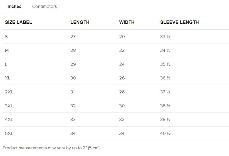 May include: Size chart showing measurements in inches for a garment. The chart includes size label, length, width, and sleeve length. Sizes range from S to 5XL.