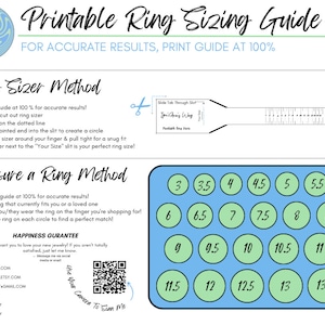 May include: Printable ring sizing guide with two methods: a ring sizer and a ring measurement chart. The chart features a blue rectangle with 20 green circles, each labeled with a ring size from 3 to 13.5. The guide instructs users to print at 100% for accurate results.