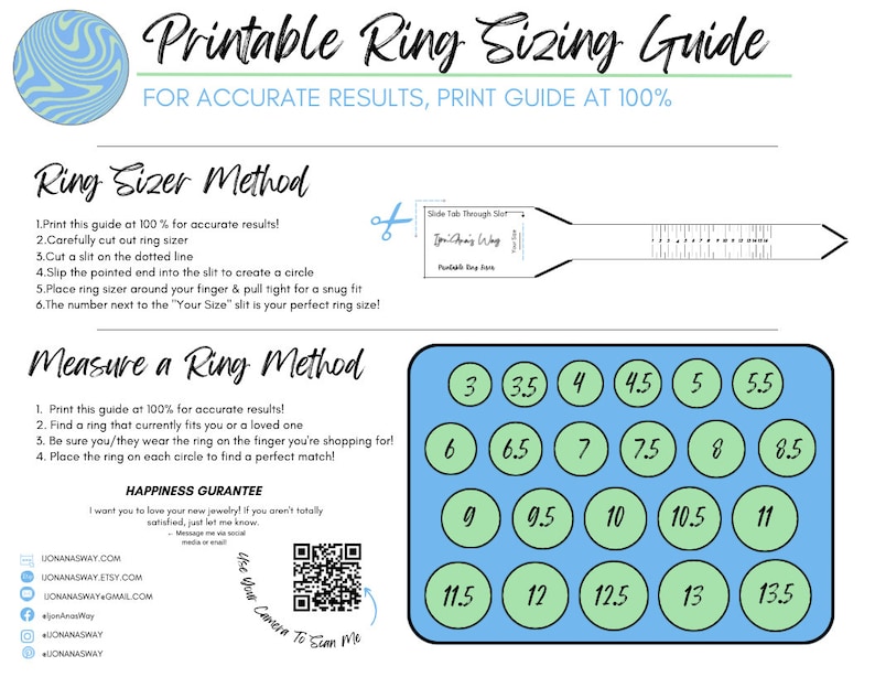 May include: Printable ring sizing guide with two methods: a ring sizer and a ring measurement chart. The chart features a blue rectangle with 20 green circles, each labeled with a ring size from 3 to 13.5. The guide instructs users to print at 100% for accurate results.