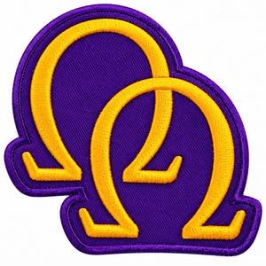 May include: An embroidered patch featuring two overlapping Greek letter Omega symbols in bright yellow thread against a deep purple background, with a matching purple stitched border outlining the entire shape of the design.