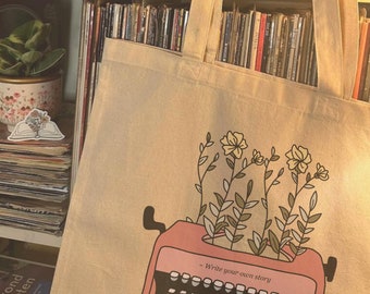 Tote Bag Typewriter Love Story Drawing Flowers Cute Draagtas