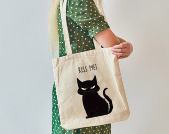 Kiss Me Tote Black Cat Canvas Bag Perfect Cat lover gift
