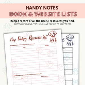 May include: Printable checklist for new puppy owners. The checklist is divided into two sections: "Recommended books for puppy care and training etc." and "Suggested websites and videos for puppy care and training etc.". Each section has columns for "Title" and "Author" or "Website Address".